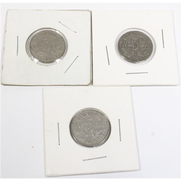 1922 AND TWO 1933 CANADIAN 5 CENT COINS