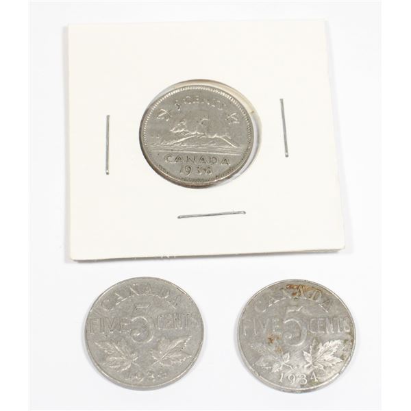 TWO 1934 AND ONE 1938 CANADIAN 5 CENT COINS