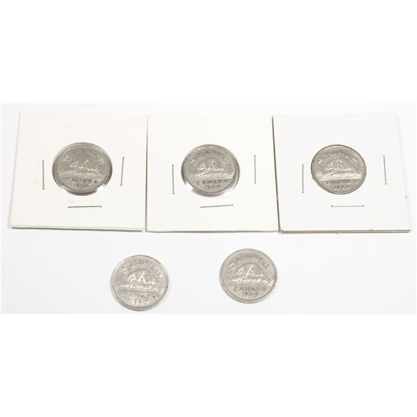 FIVE 1940 CANADIAN 5 CENT COINS