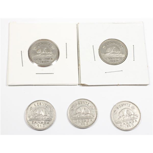 FIVE 1940 CANADIAN 5 CENT COINS