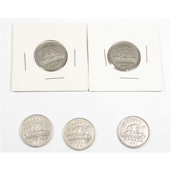 FIVE 1941 CANADIAN 5 CENT COINS