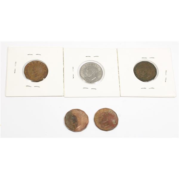 TWO 1942 AND THREE 1943 CANADIAN 5 CENT COINS