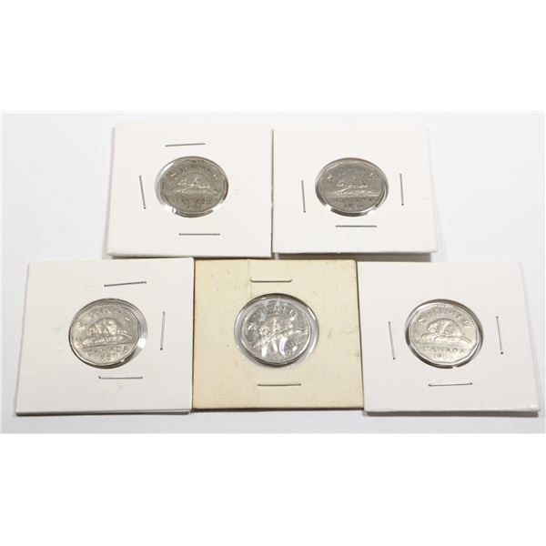 1946,56,56,57,59 CANADIAN 5 CENT COINS