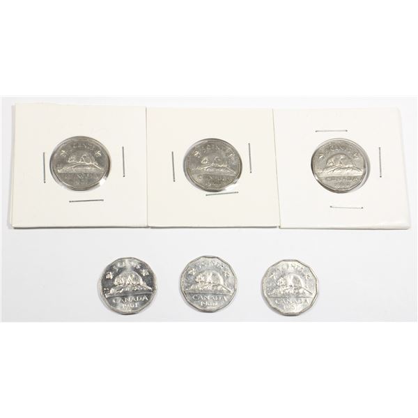 THREE 1960 AND THREE 1961 CANADIAN 5 CENT COINS