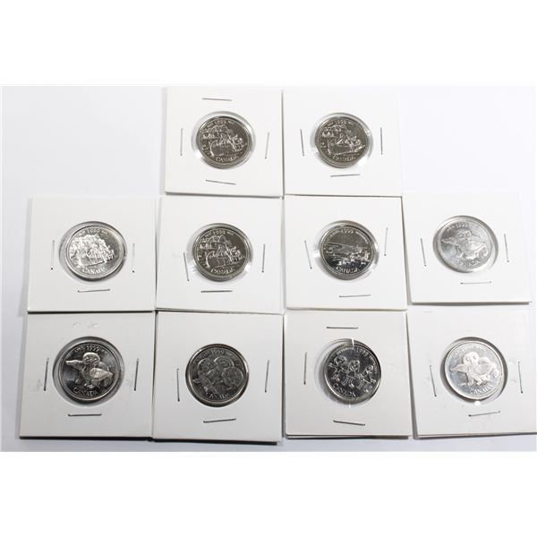 TEN ASSORTED 1999 CANADIAN QUARTERS