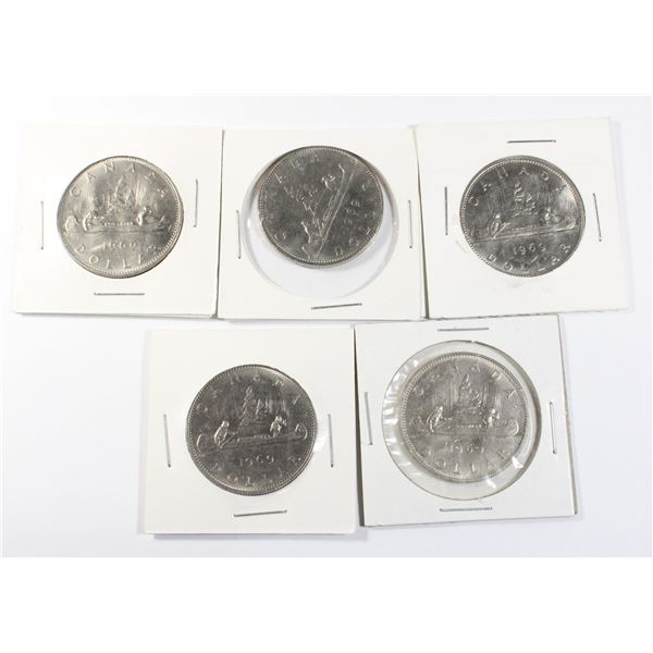 FIVE 1969 CANADIAN DOLLAR COINS