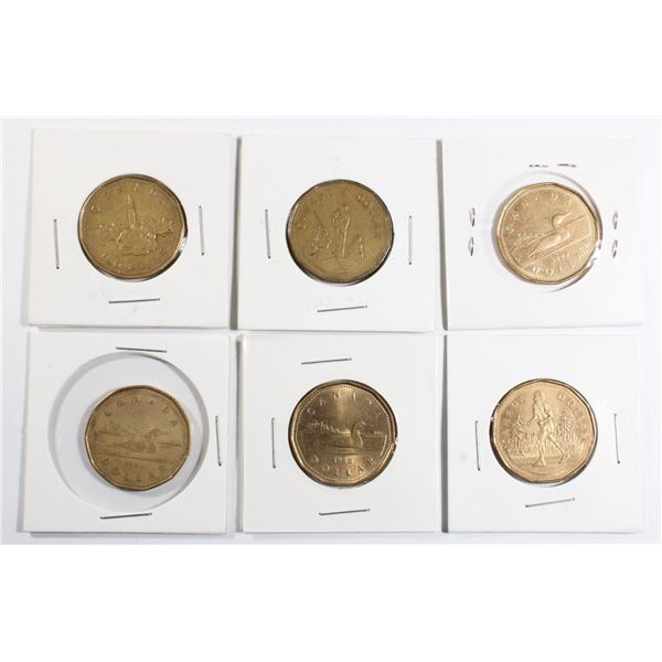 SIX CANADIAN DOLLAR COINS INCLUDING 3 COMMEMORATIVES