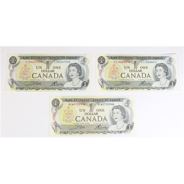 THREE NEAR UNC 1973 CANADIAN $1 BANK NOTES