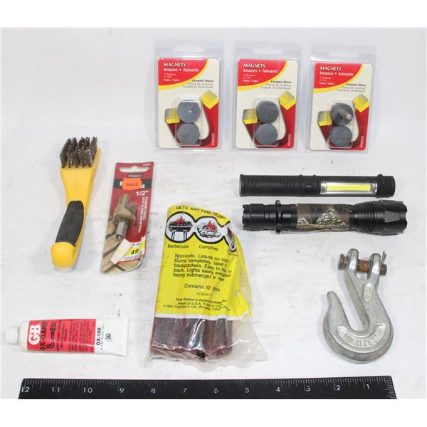 LED FLASHLIGHT & NEW MAGNETS, ASSORTED GARAGE LOT