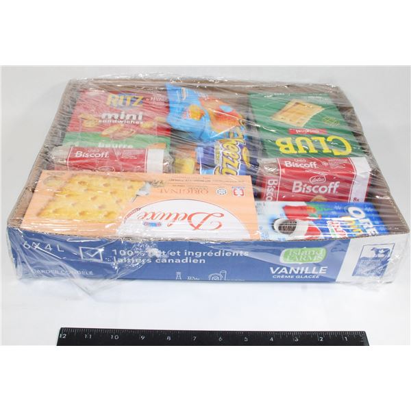 LARGE FLAT OF CRACKERS, COOKIES, AND MORE