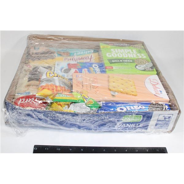 LARGE FLAT OF CHIPS, CRACKERS, COOKIES