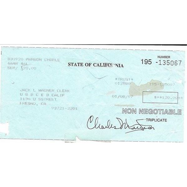 Cult Leader Charles Manson Signed Check