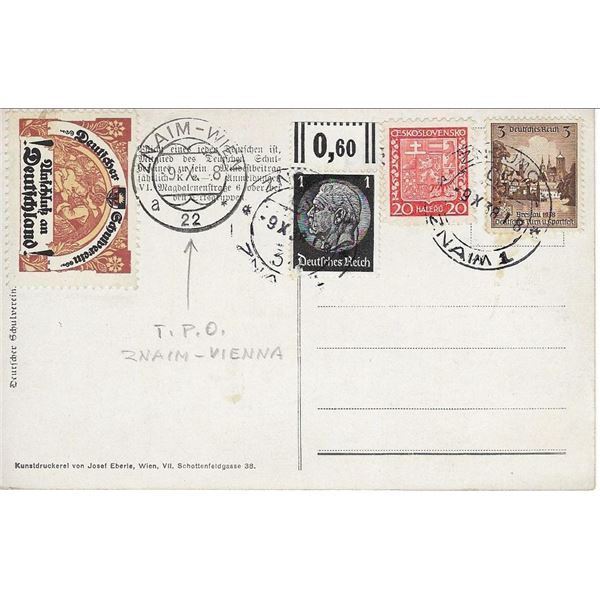 Znaim-Vienna TPO postmarked postcard with Third Reich stamps