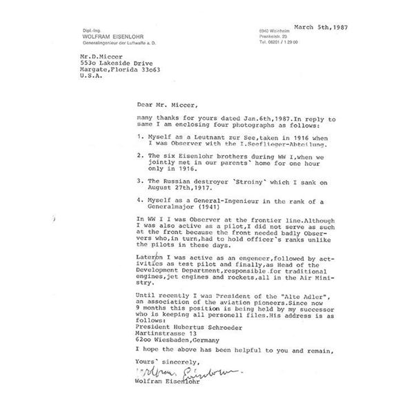 Wolfram Eisenlohr Signed Letter