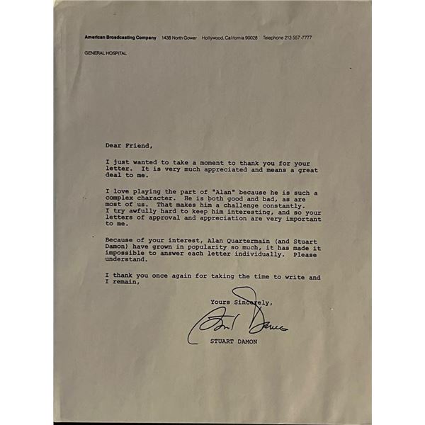 General Hospital Stuart Damon Signed Letter