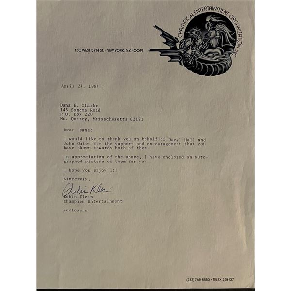 Champion Entertainment Robin Klein Signed Letter