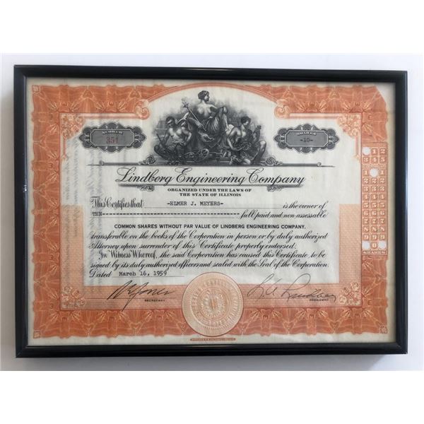 Framed Lindberg Engineering Company Stock Certificate