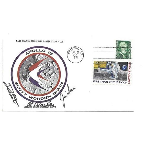 Astronaut Jim Irwin, Al Worden and Dave Scott signed space cover