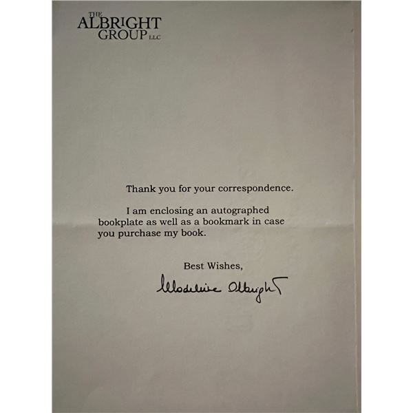 Madeleine Albright facsimile signed note. 5x8 inches
