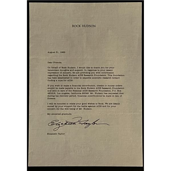 1985 Letter from Elizabeth Taylor Regarding Rock Hudson