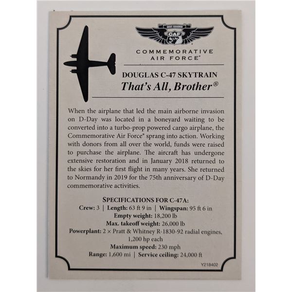 Douglas C-47 Skytrain That's All, Brother Commemorative Air Force Card