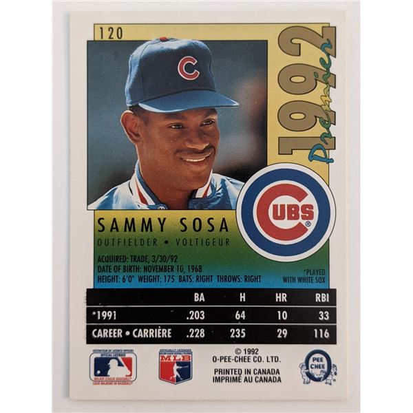 Sammy Sosa Cubs Premier '92 O-Pee-Chee Baseball Card