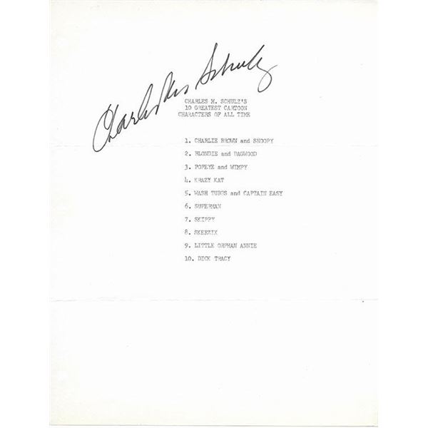 Charles Schulz signed list of Charlie Brown characters