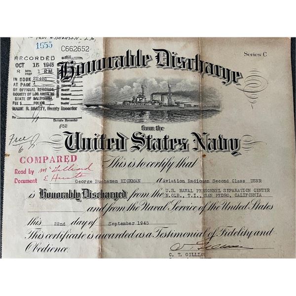 1945 United States Navy Honorable Discharge Certificate