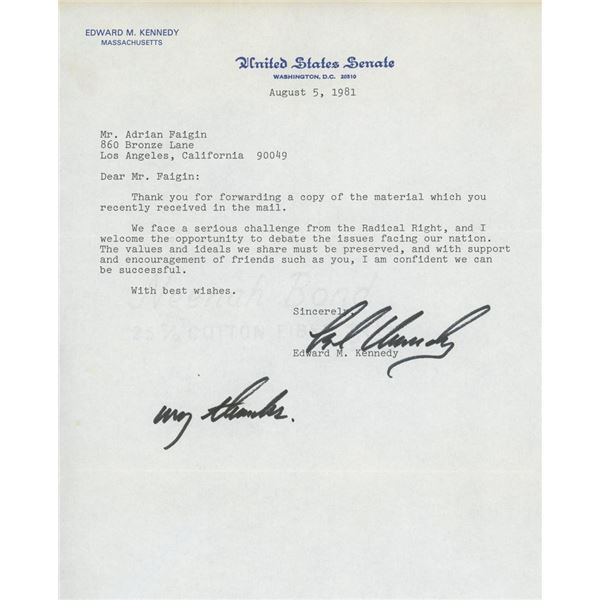 Edward M. Kennedy signed letter. GFA Authenticated