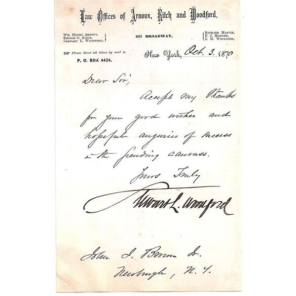 Union Army General Stewart Woodford Signed Civil War Letter