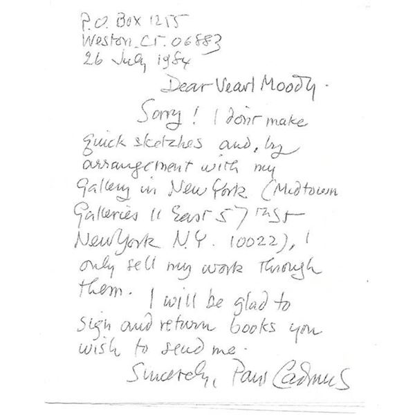 Artist Paul Cadmus signed handwritten letter