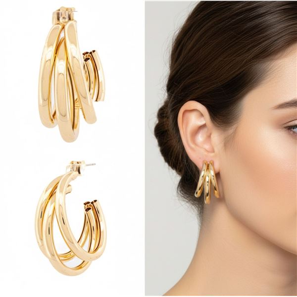 18kt Oro Laminado Triple Hoop Style Earrings