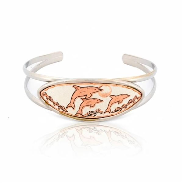 Silver Bangle Cuff Bracelet Copper Artwork Dolphin