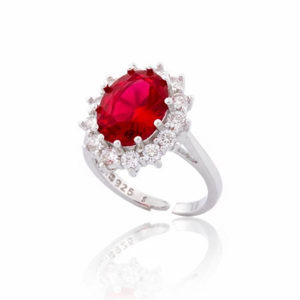 925S (Stamped) Oval Ruby Red ZC Ring w/Halo - Adju