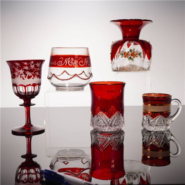 Collection of Five Bohemian and American Ruby Flashed and Cranberry Art Glass Items
