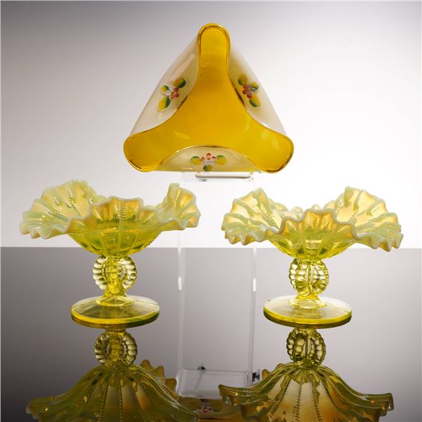 Fenton and Nasco Japan, Enameled and Opalescent Art Glass, Compotes and Bowl