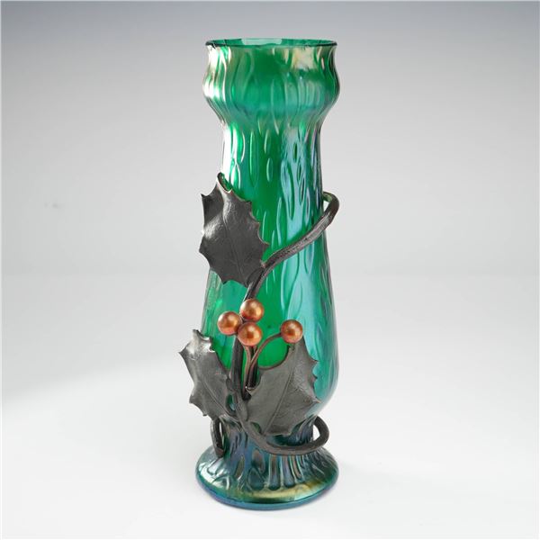 Kralik Art Glass Vase with metal leaves and berries