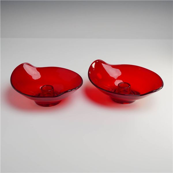 Viking Glass, Epic Line Ruby Red Art Glass Candle Holder Bowls