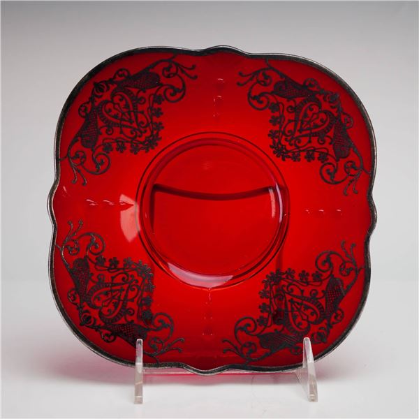 Vintage American Ruby Red Glass Scalloped Underplate with Silver Overlay