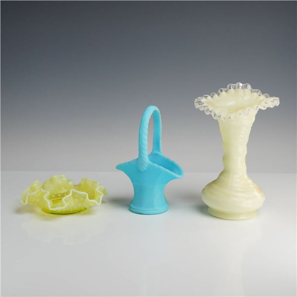 Three Fenton Art Glass Pieces, Hobnail and Silver Crest, Custard and Vaseline Uranium Glass, Vase an