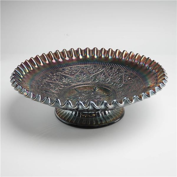 Fenton Hearts & Flowers Amethyst Carnival Glass Ruffled Pedestal Bowl