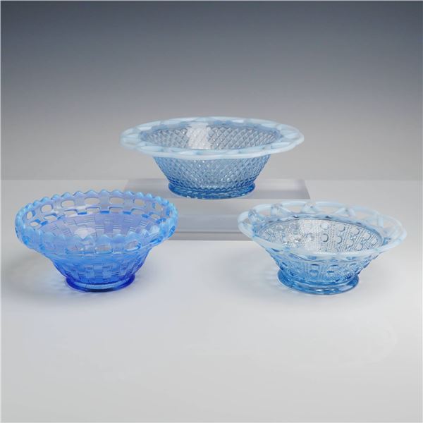Three Imperial Glass Katy Blue Opalescent Lace Edge Bowls
