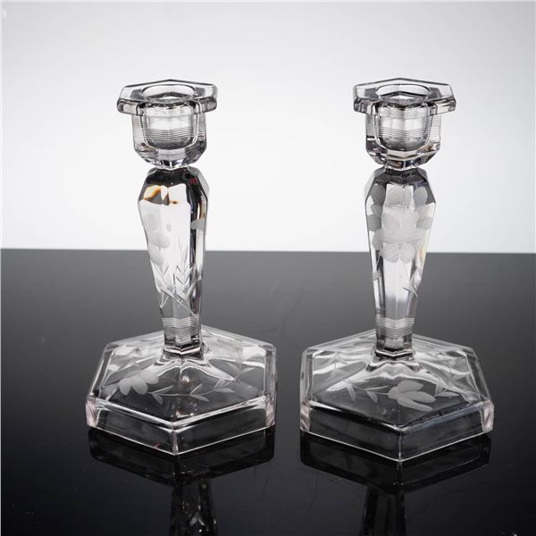 A Pair of American Elegant Glass Etched Floral Crystal Candlesticks