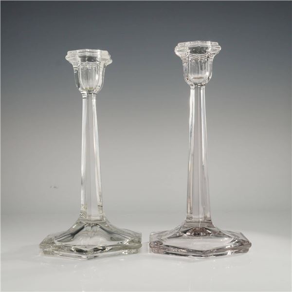 A Pair of Fostoria Clear Glass Hexagonal Candlestick Holders