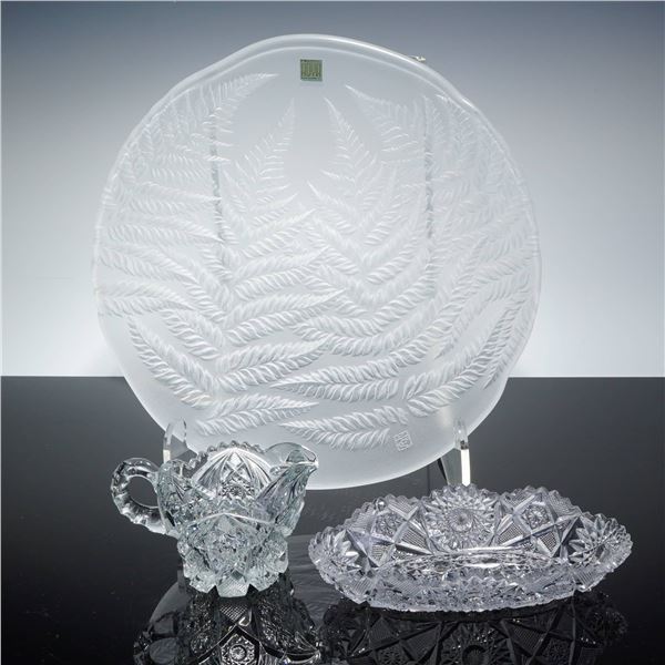 Three Piece Crystal and Glass Dish Lot Including Hoya Frosted Fern Platter and ABP Style Pressed Gla