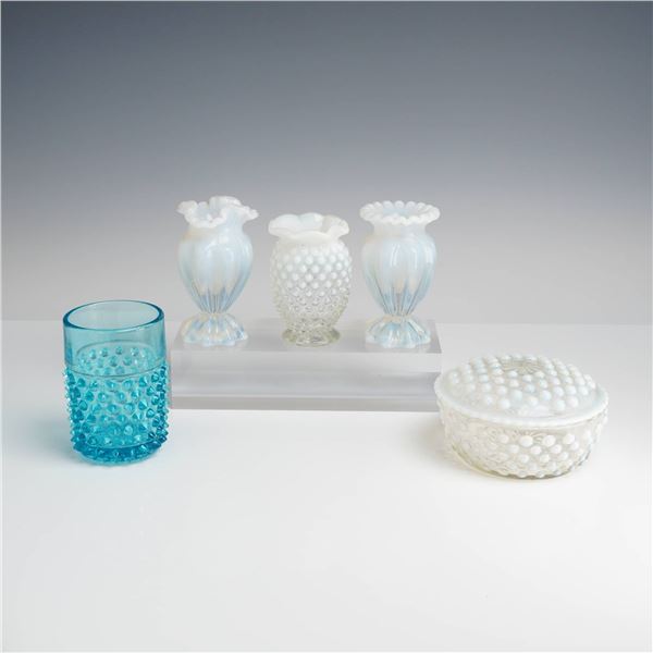 Fenton Hobnail and Opalescent White and Aqua Glass Vases and Lidded Box