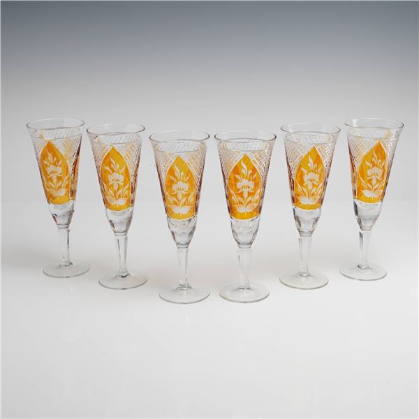Bohemian Cut-to-Clear Amber Etched Crystal Champagne Flutes, Set of Six