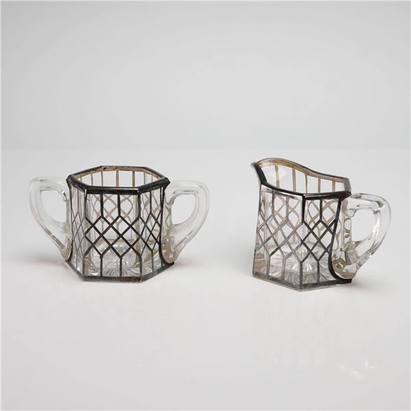 Heisey Art Deco Hexagonal Glass Creamer and Sugar Set with Silver Overlay