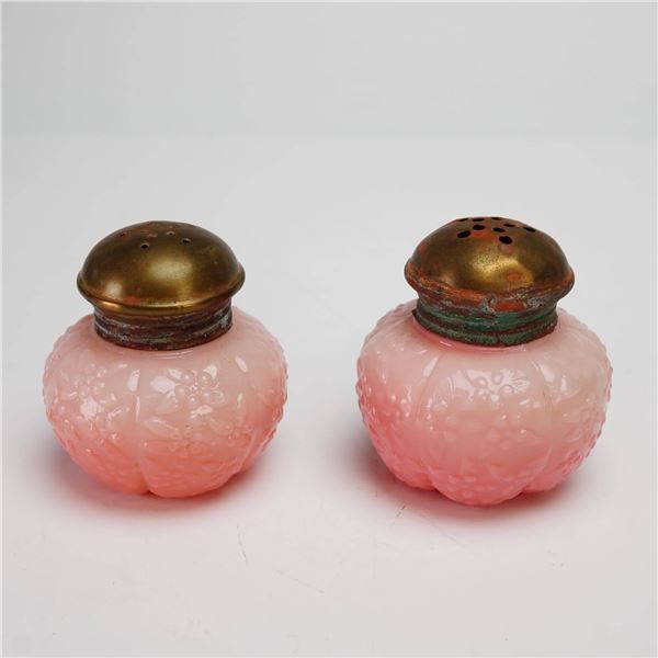 Pair of Victorian Challinor Taylor Forget-Me-Not Satin Glass Shakers