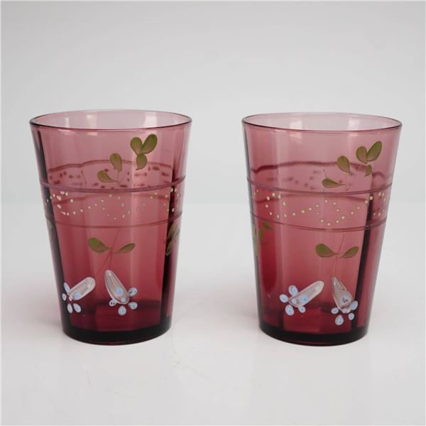 Victorian Bohemian Style Hand-Blown Enameled Cranberry Art Glass Tumblers, Pair